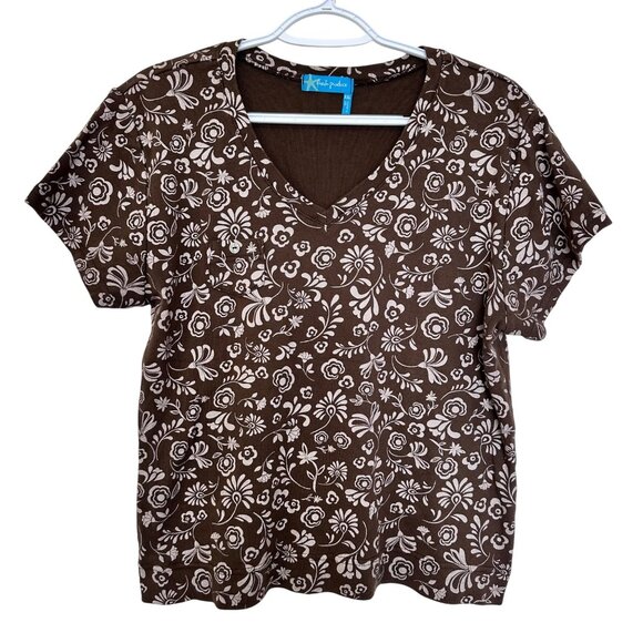 Fresh Produce Womens Floral Brown V-Neck Cotton T Shirt Size XXL USA Made - Picture 1 of 10